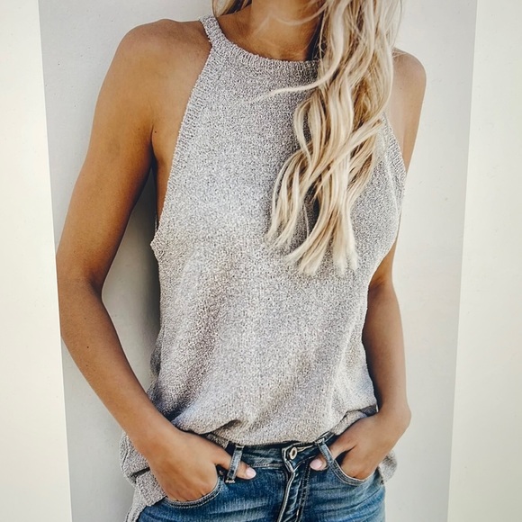 Tops - 🍀Gray High Neck Stretch Knit Tank Top Plus Size 2XL🍀